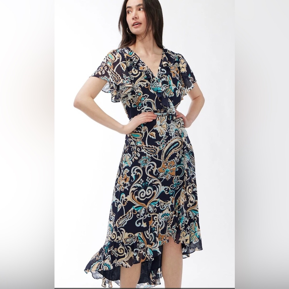 Chico's Faux Wrap Paisley Ruffle Classic Navy and Cream Paisley Dress.